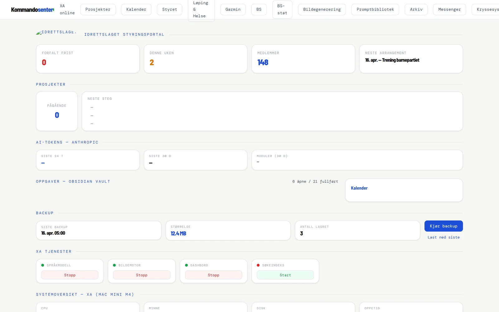 Kommandosenter med systemstatus, oppgaver, kalender og backup